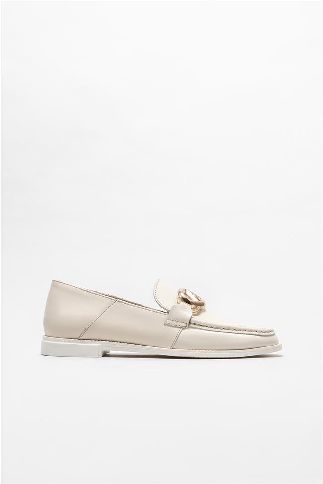 Bej Deri Kadın Loafer