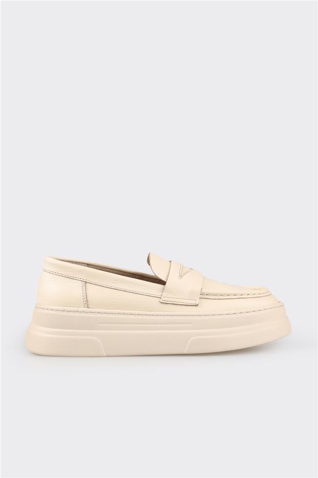 Ekru Deri Kadın Loafer