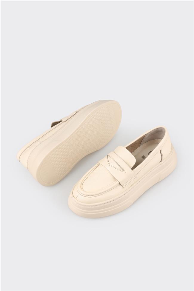 Ekru Deri Kadın Loafer