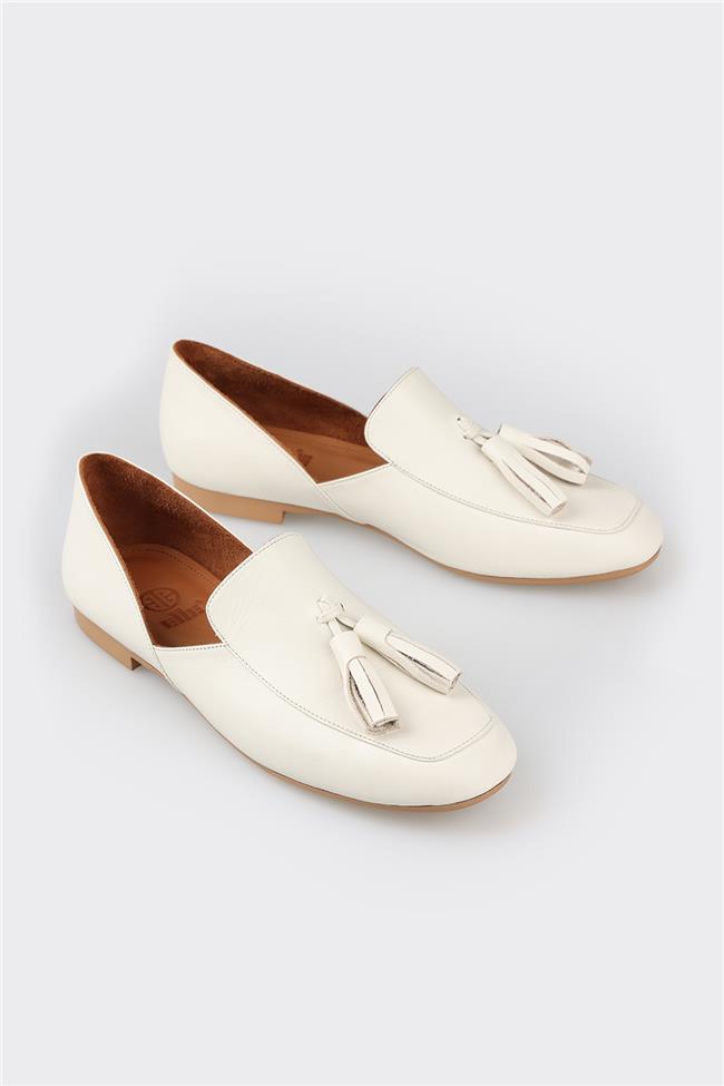 Ekru Deri Kadın Loafer