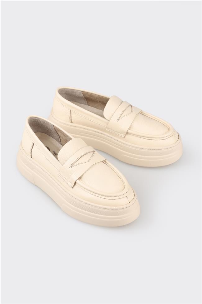 Ekru Deri Kadın Loafer