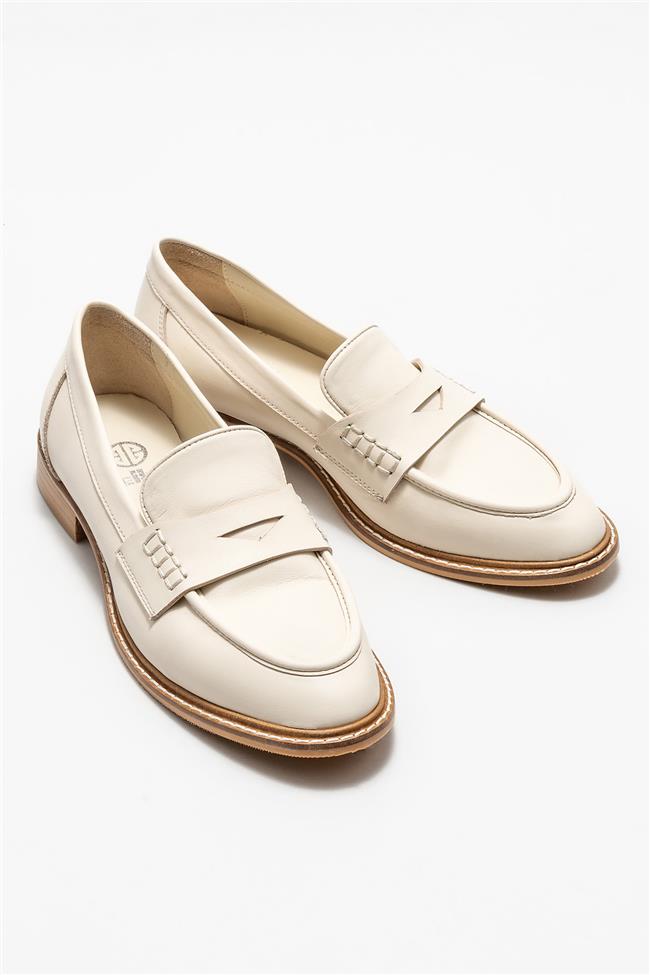 Ekru Deri Kadın Loafer