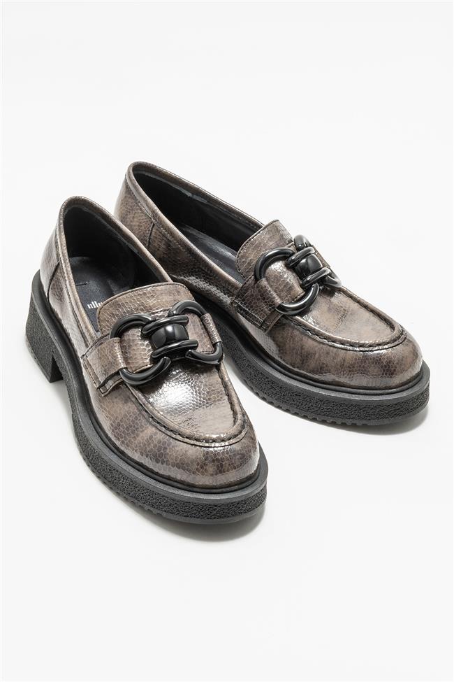 Gri Deri Kadın Loafer