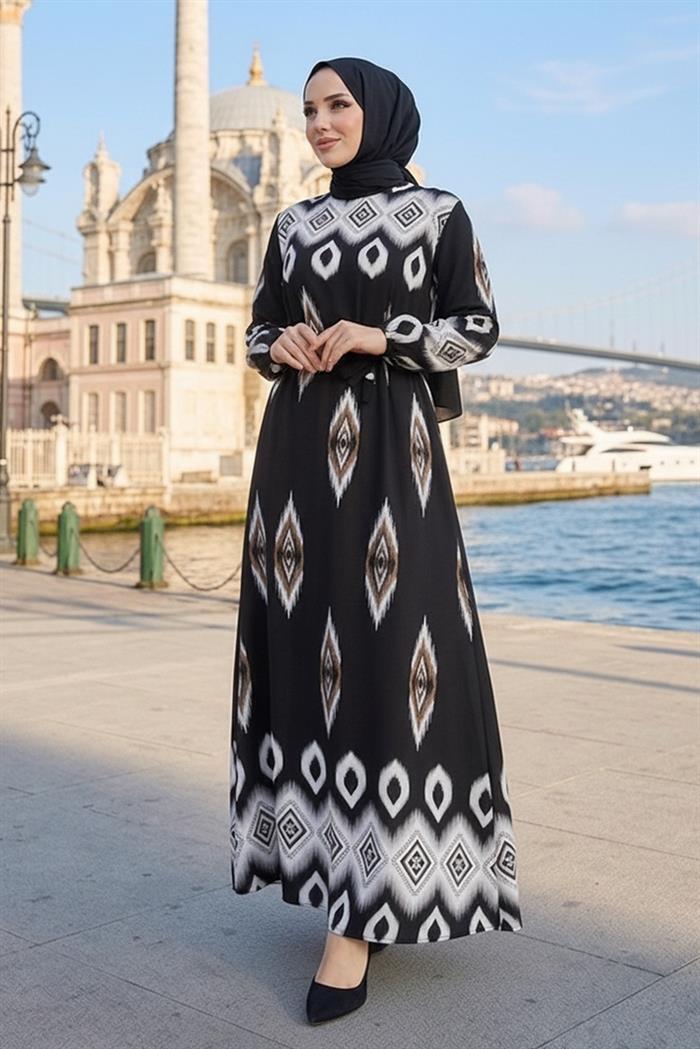 Alera Desenli Viskon Elbise 1720 - Kahve