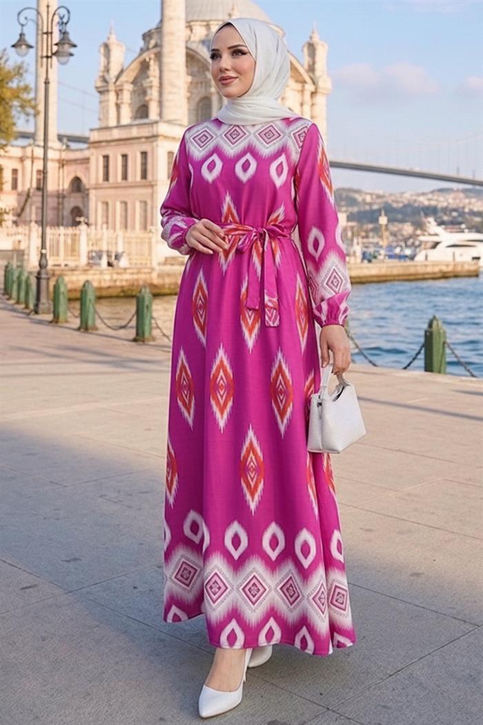 Alera Desenli Viskon Elbise 1720 - Pembe