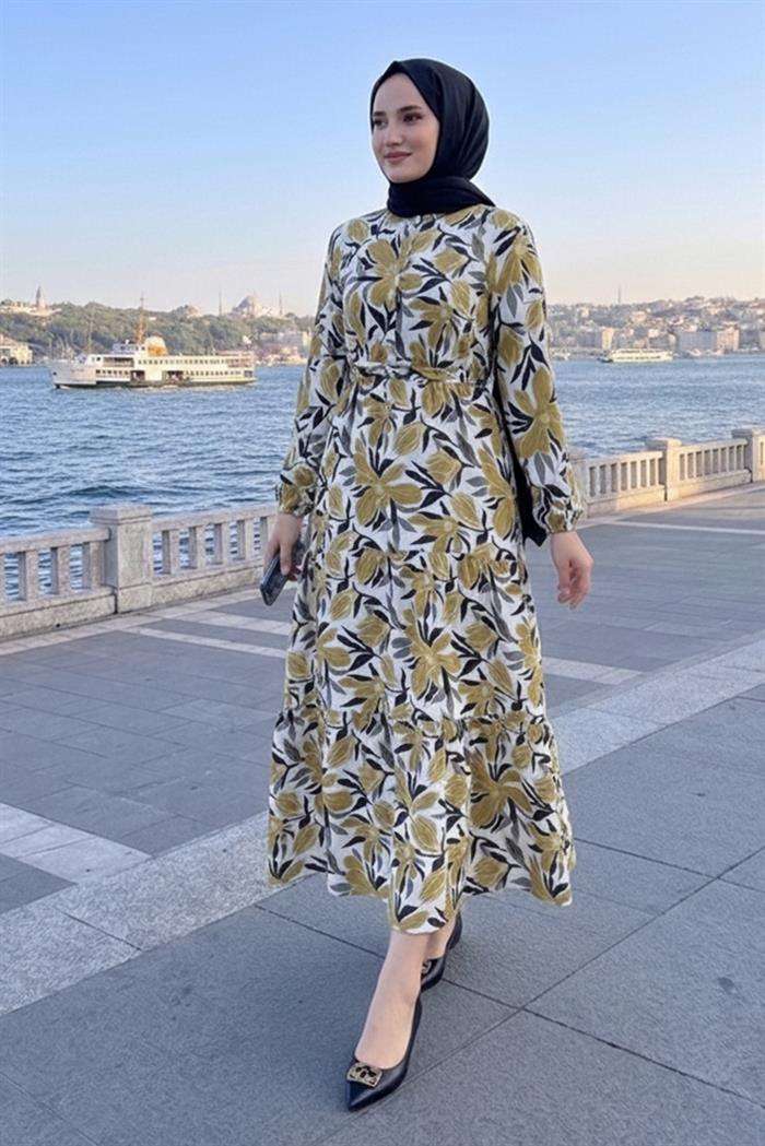 Çiçek Desenli Modal Elbise 1713 - Bej