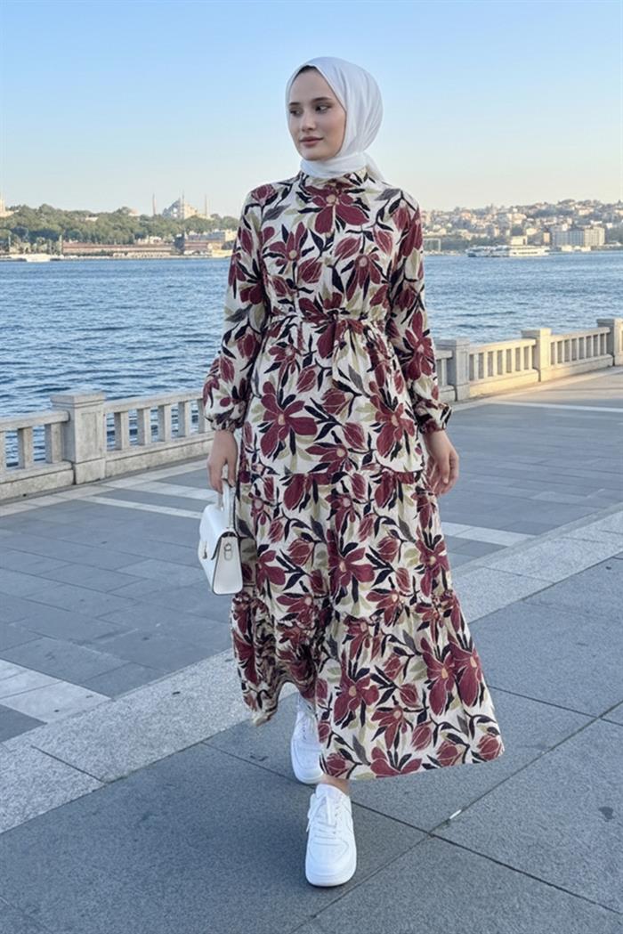 Çiçek Desenli Modal Elbise 1713 - Gül Kurusu