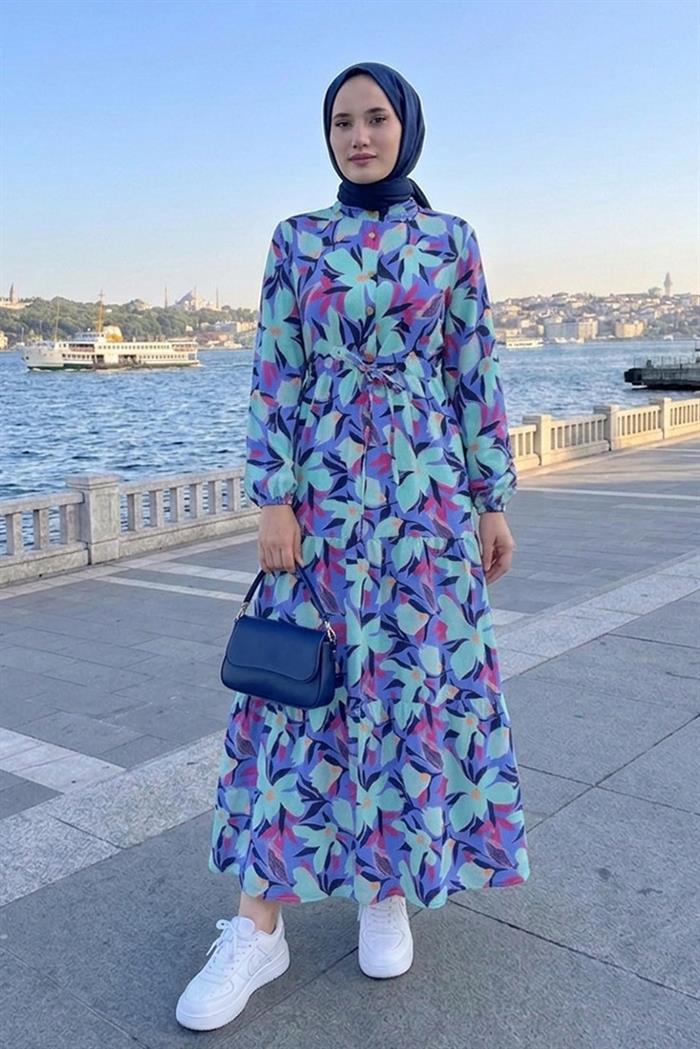 Çiçek Desenli Modal Elbise 1713 - İndigo