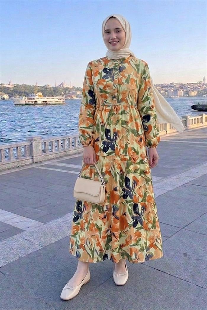 Çiçek Desenli Modal Elbise 1713 - Turuncu