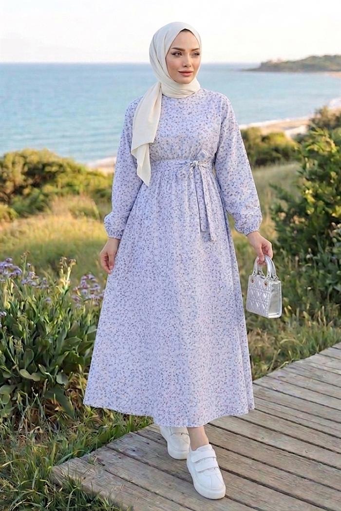 Eyser Desenli Keten Elbise 1716 - Gri