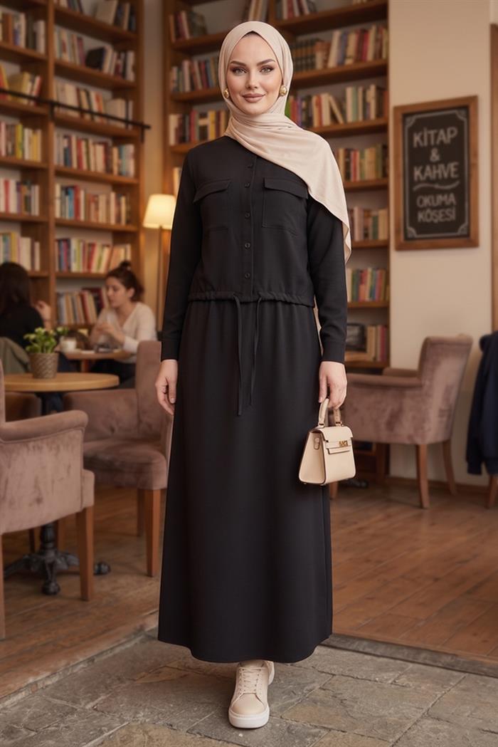 Kapak Cepli Düğmeli İkili Takım 1696 - Siyah