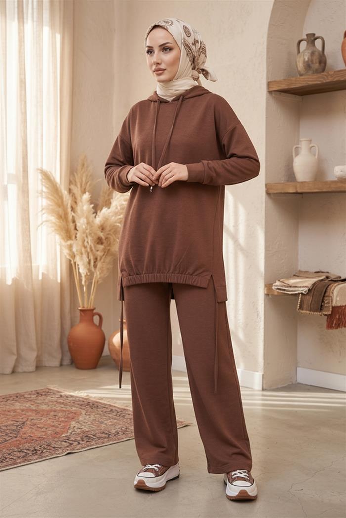 Kapüşonlu Tunik Pantolon Takım 1682 - Kahve