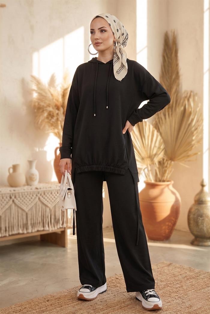 Kapüşonlu Tunik Pantolon Takım 1682 - Siyah