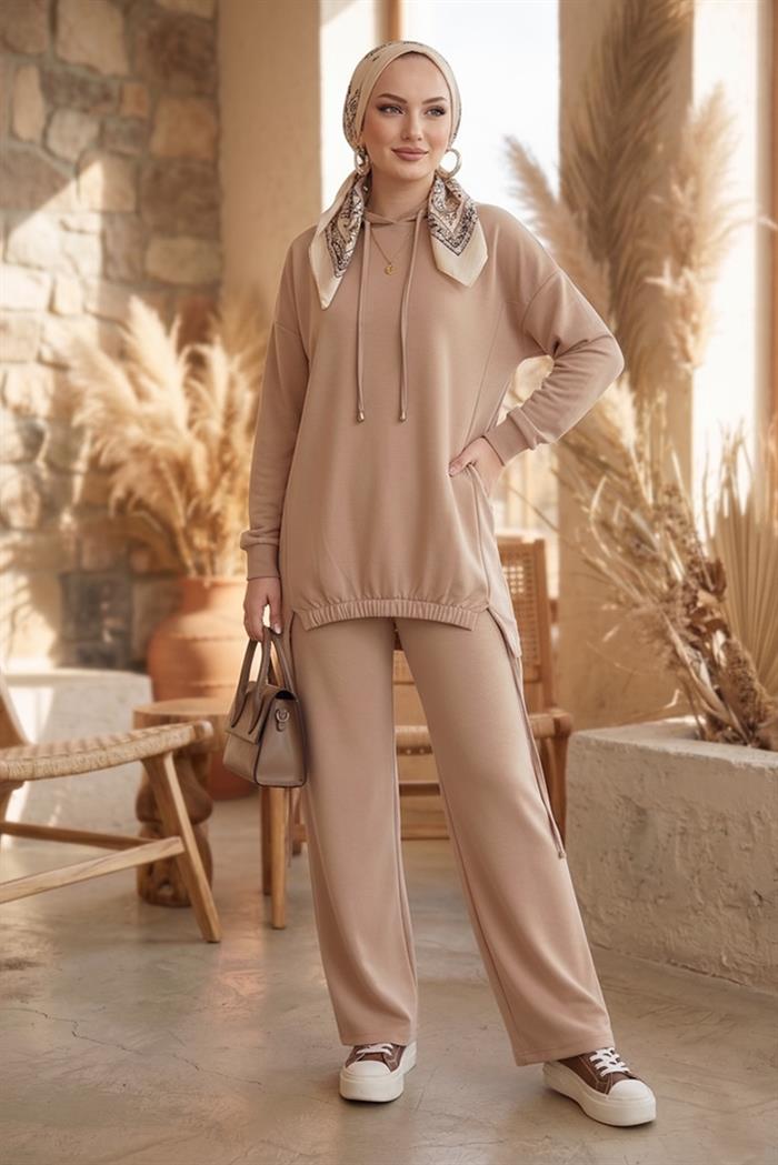 Kapüşonlu Tunik Pantolon Takım 1682 - Vizon
