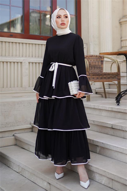 Kat Kat Kuşaklı Uzun Şifon Elbise 155 - Siyah