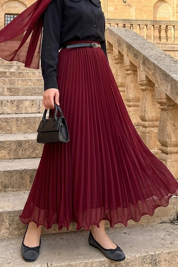 Kloş Volanlı Şifon Etek 1402 - Bordo