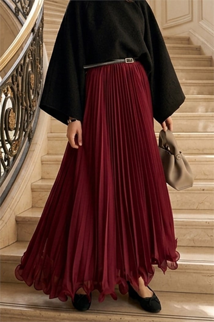 Kloş Volanlı Şifon Etek 1402 - Bordo