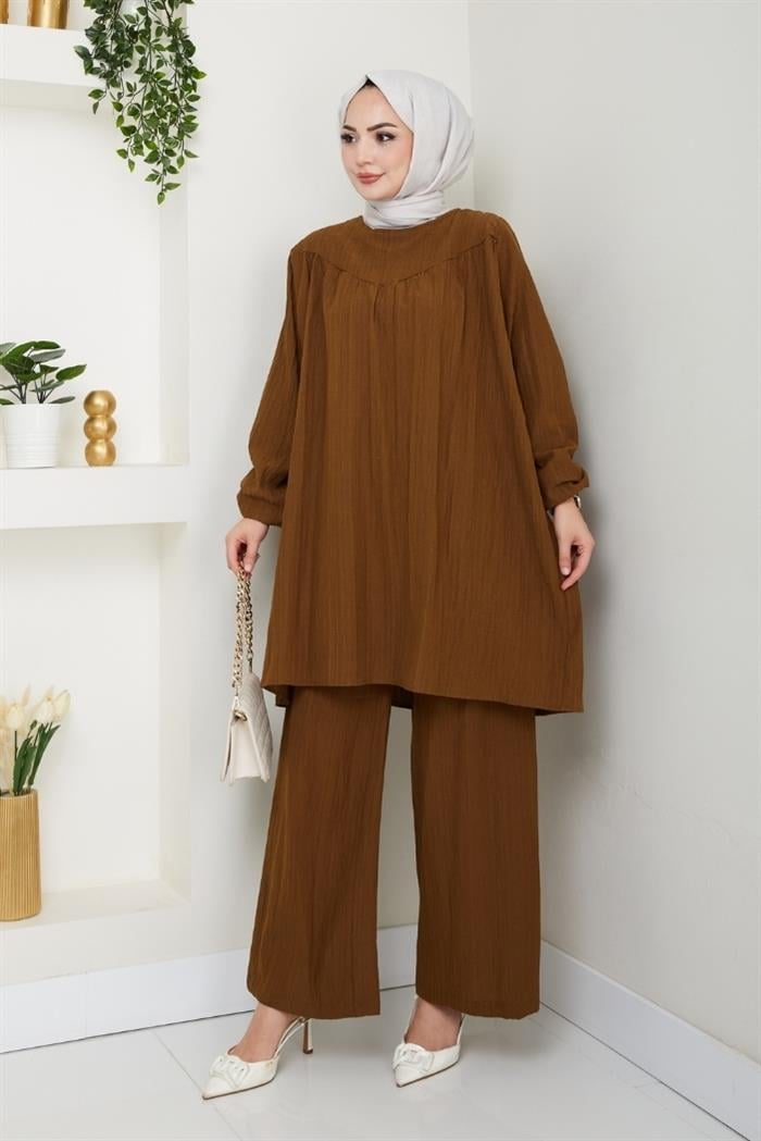 Kraşlı Tunik Pantolon İkili Takım 1546 - Acı Kahve