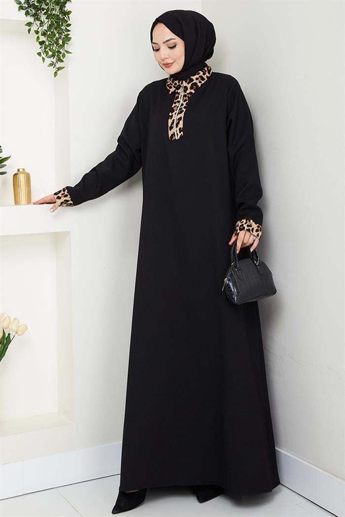 Leopar Detaylı Yarım Fermuarlı Elbise 1564 - Siyah