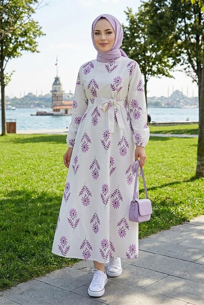 Mayra Desenli Keten Elbise 1717 - Lila
