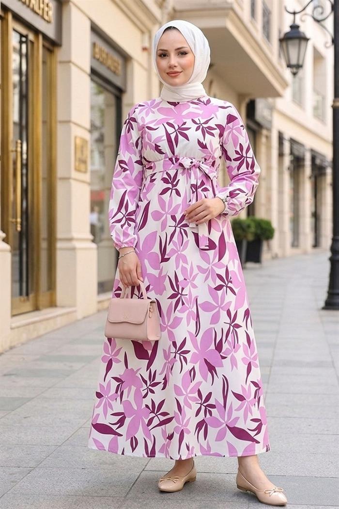 Zerya Desenli Keten Elbise 1718 - Pembe
