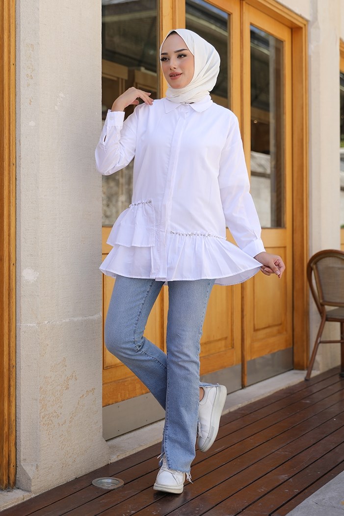 Altı Fırfır Detay Boncuklu Tesettür Gömlek Tunik 319 - Beyaz