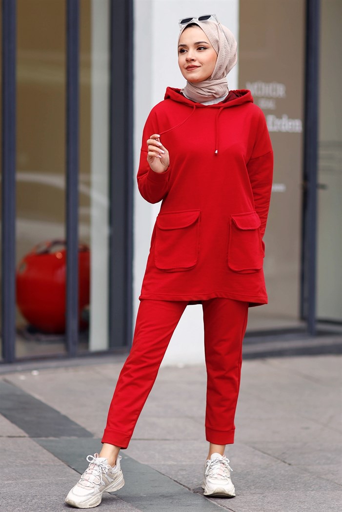 Çift Kapak Cepli Kapüşonlu İki İplik Tunik Pantolon İkili Takım 103 -  Kırmızı
