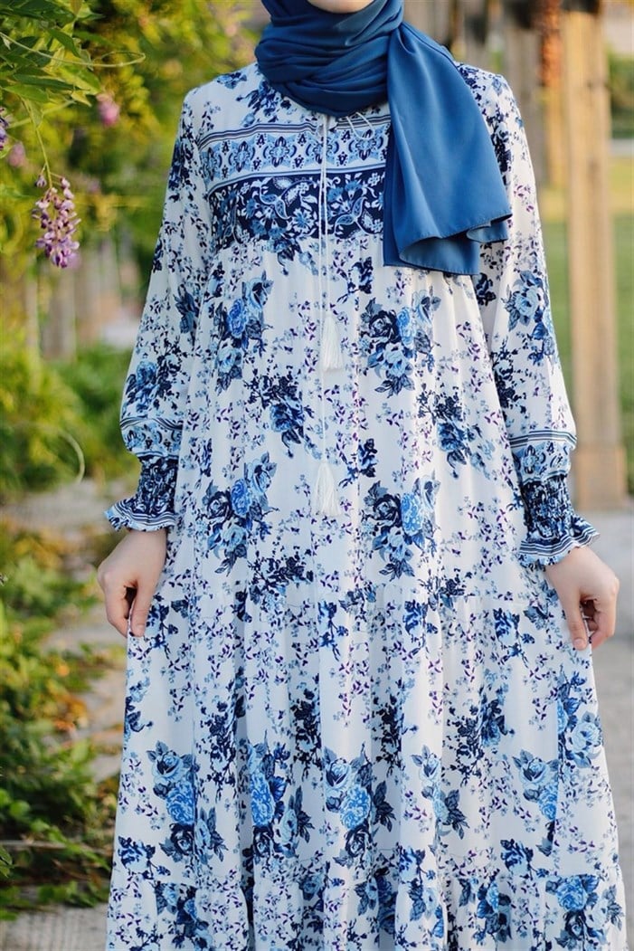 Ebruli Desen Tesettür Elbise - Mavi