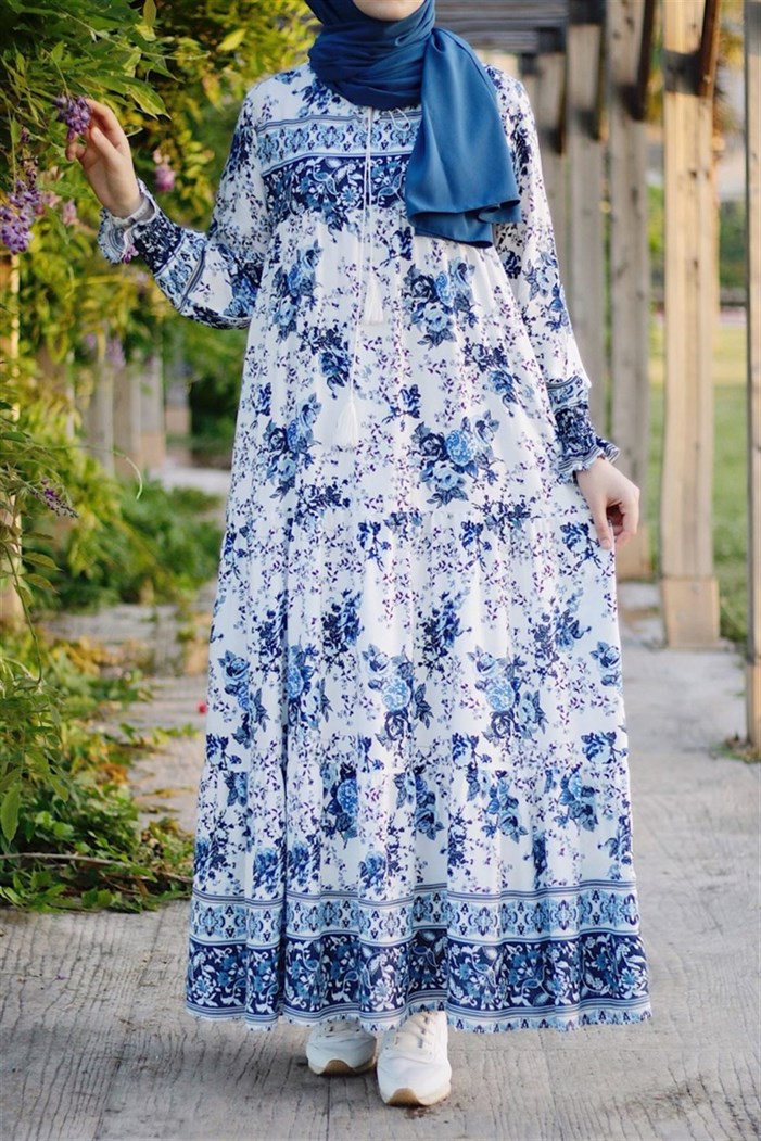 Ebruli Desen Tesettür Elbise - Mavi
