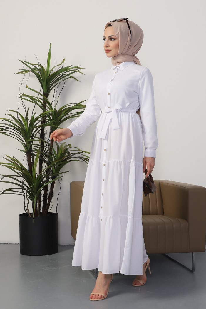 Gömlek Yaka Kuşaklı Tam Boy Nimes Tesettür Elbise 183 -Beyaz