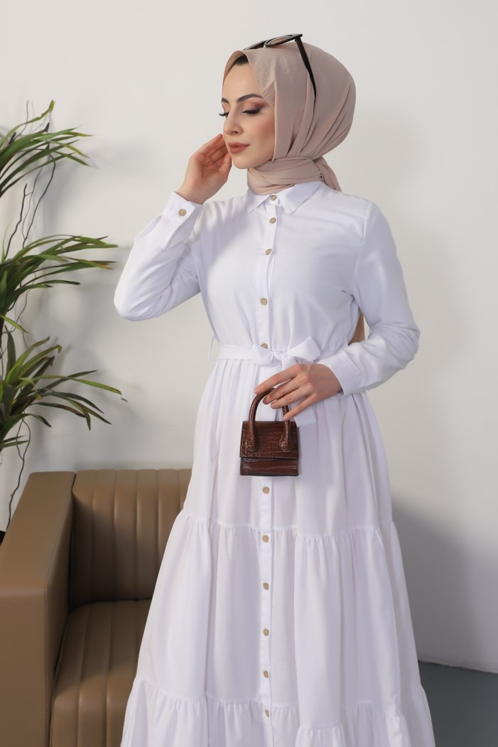 Gömlek Yaka Kuşaklı Tam Boy Nimes Tesettür Elbise 183 -Beyaz