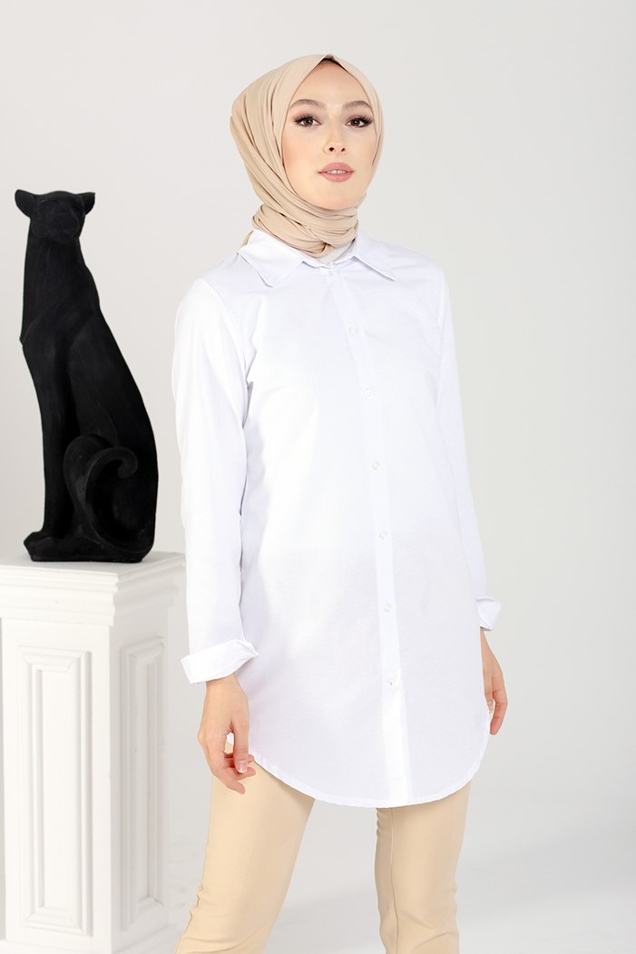 Uzun Kollu Düğmeli Boyfriend Tunik Gömlek 139 - Beyaz