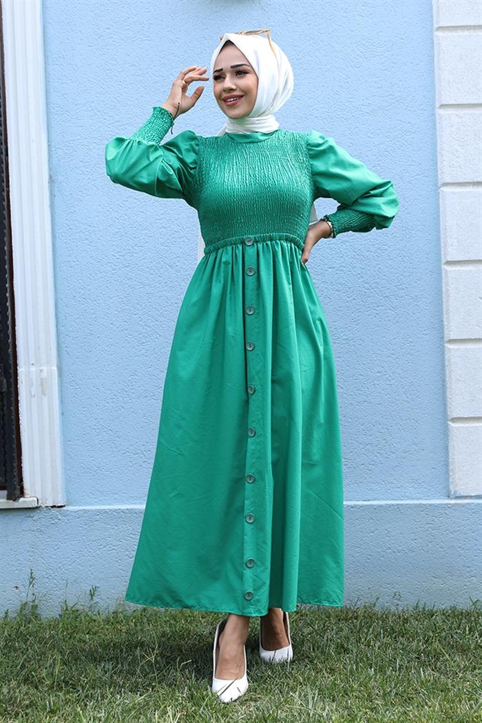 Zerin Kolları Lastikli Yarım Düğmeli Tesettür Elbise 351 - Yeşil