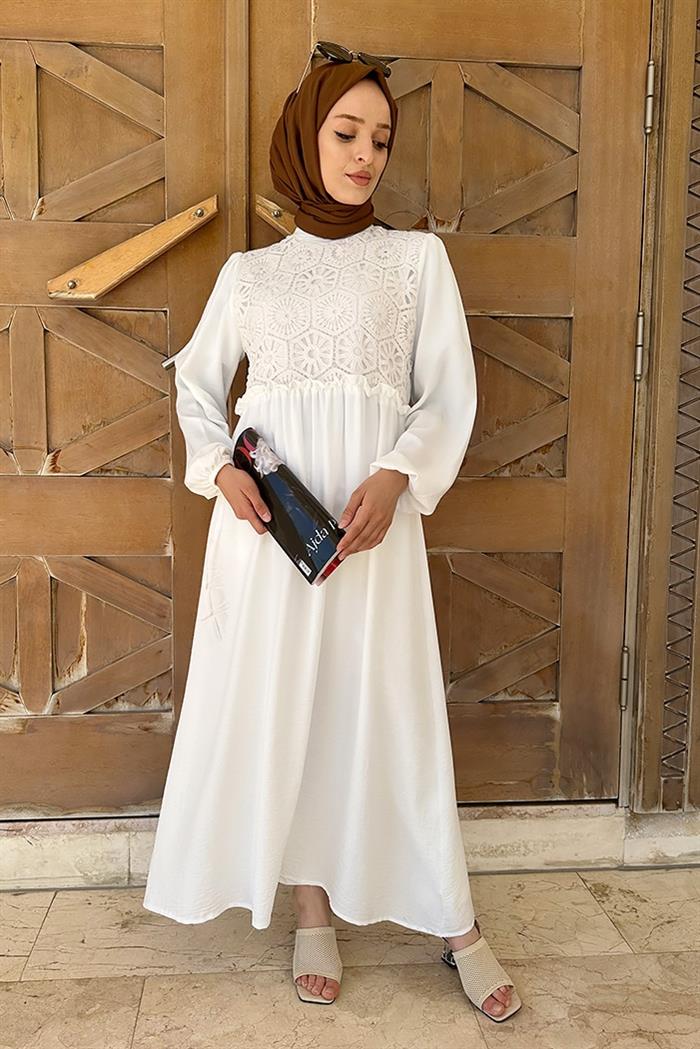 Feris Dantelli Tesettür Elbise 552 - Beyaz
