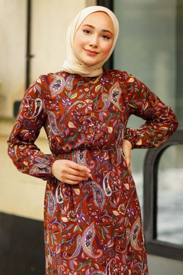 Karışık Şal Desen Elbise 534 - Kahverengi