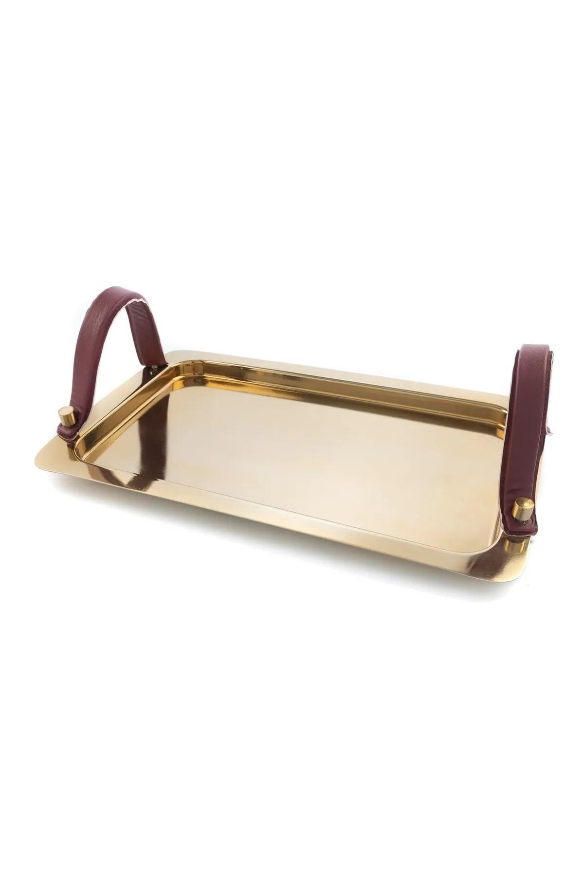 Kahve Deri  Gold Çelik Tepsi 43x28x2cm P321.332303