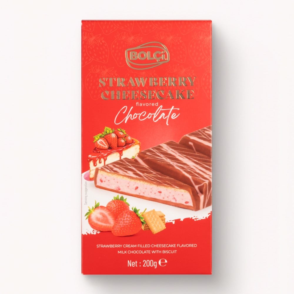 Atıştırmalık Çikolata-Çilek Krema Dolgulu Cheesecake Aromalı Bisküvili Sütlü Çikolata 200g