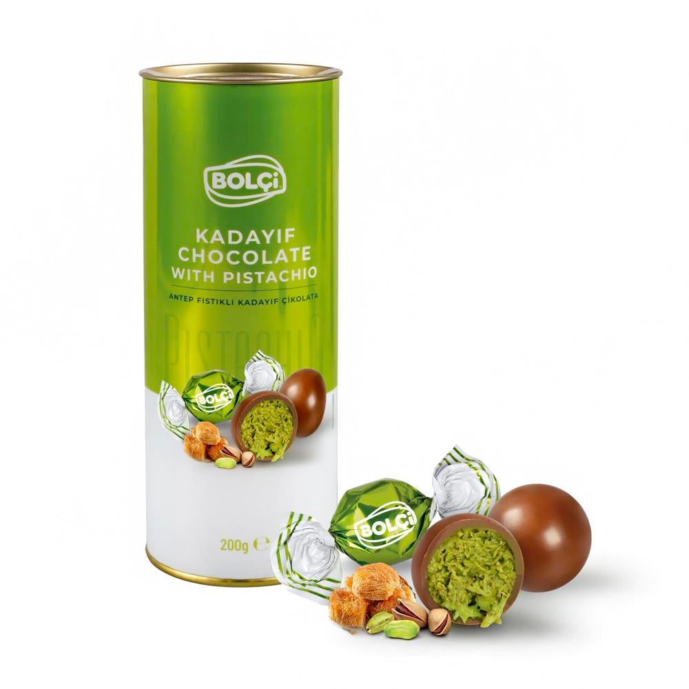 Atıştırmalık Çikolata-Dubai Çikolatası Fıstıklı Kadayıf Dolgulu Sütlü Top Çikolata Silindir Kutu 200g 