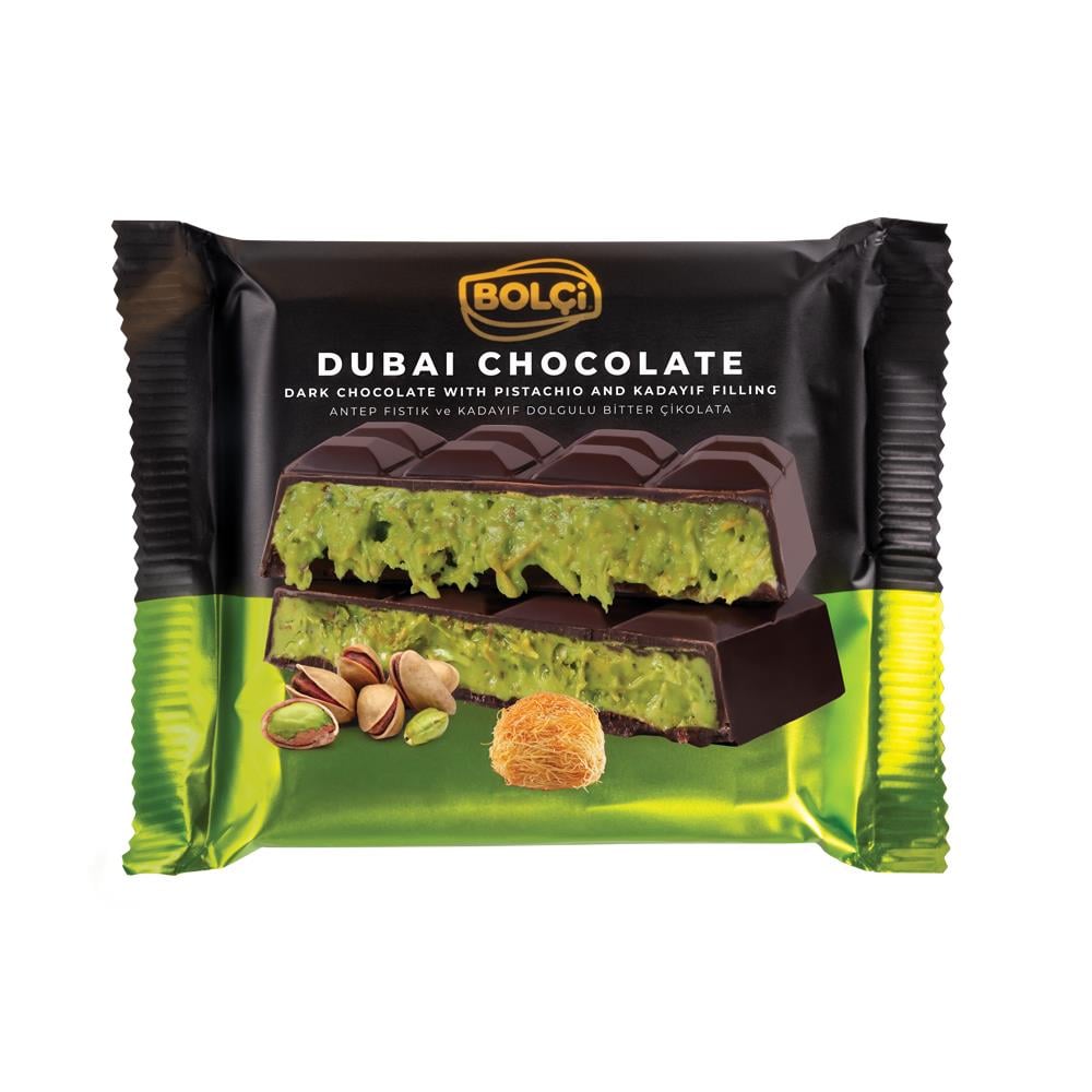 Atıştırmalık Çikolata-Dubai Çikolatası Fıstıklı Kadayıf Dolgulu Bitter Çikolata 100g