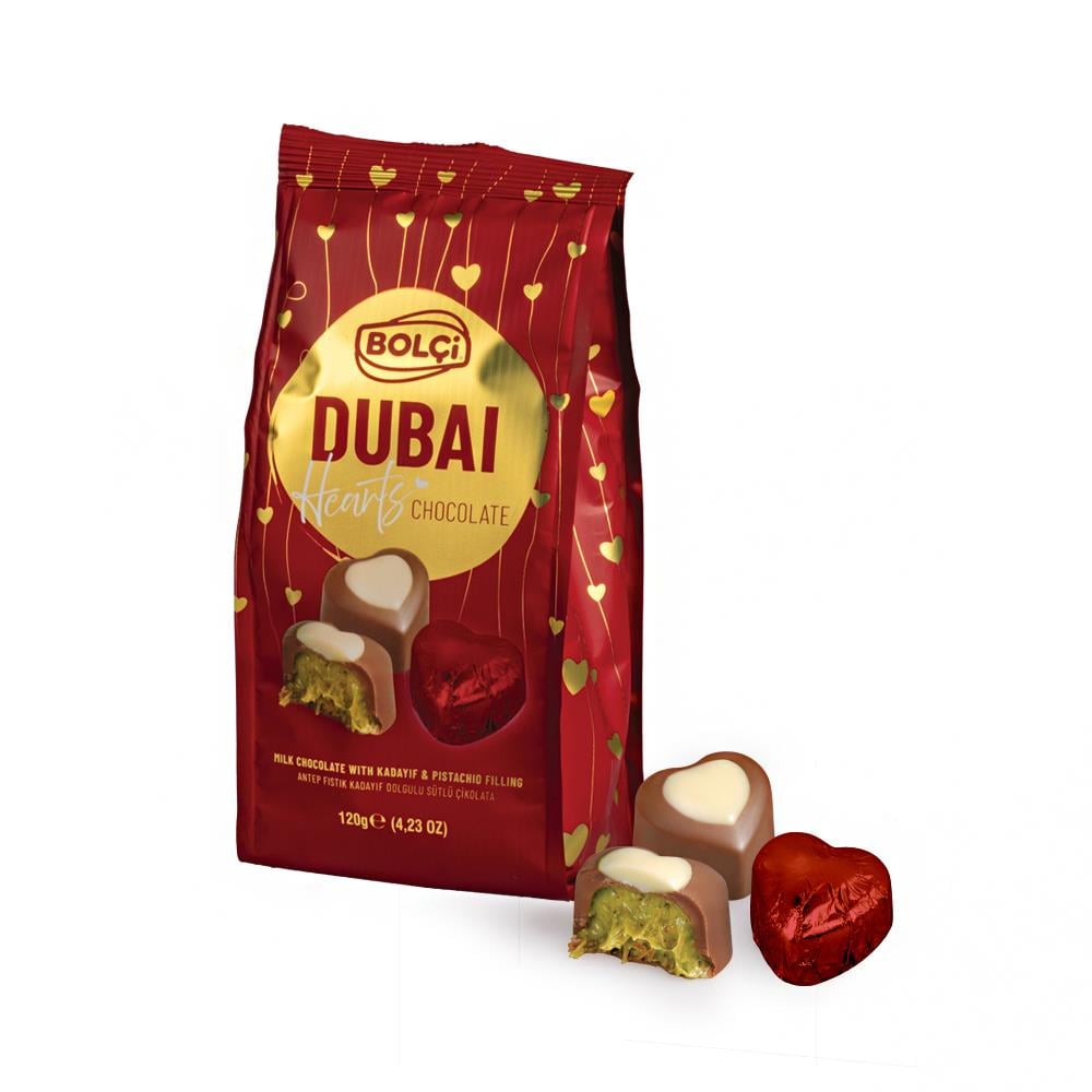 Atıştırmalık Çikolata-Dubai Çikolatası Fıstıklı Kadayıf Dolgulu Kalp Çikolata 120 g
