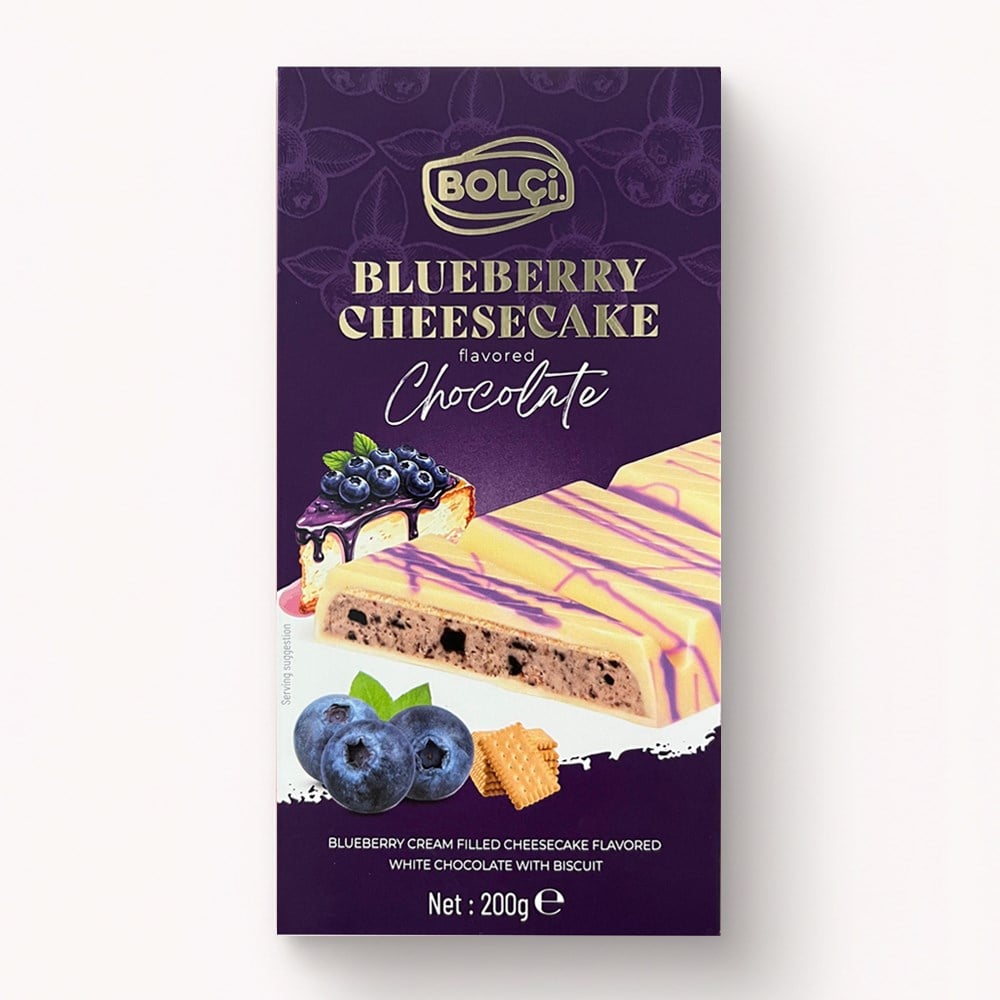 Atıştırmalık Çikolata-Yaban Mersinli Krema Dolgulu Cheesecake Aromalı Bisküvili Beyaz Çikolata 200g