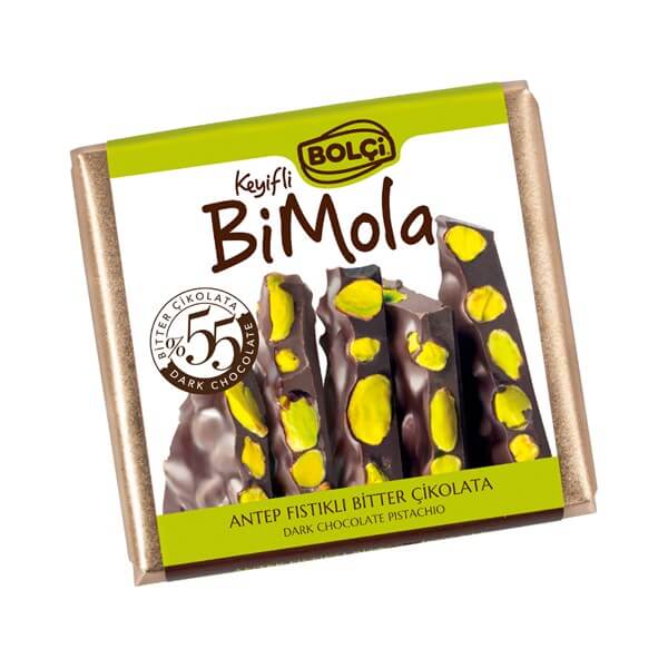 Tablet Çikolata-BiMola Antep Fıstıklı Bitter Çikolata 70gr