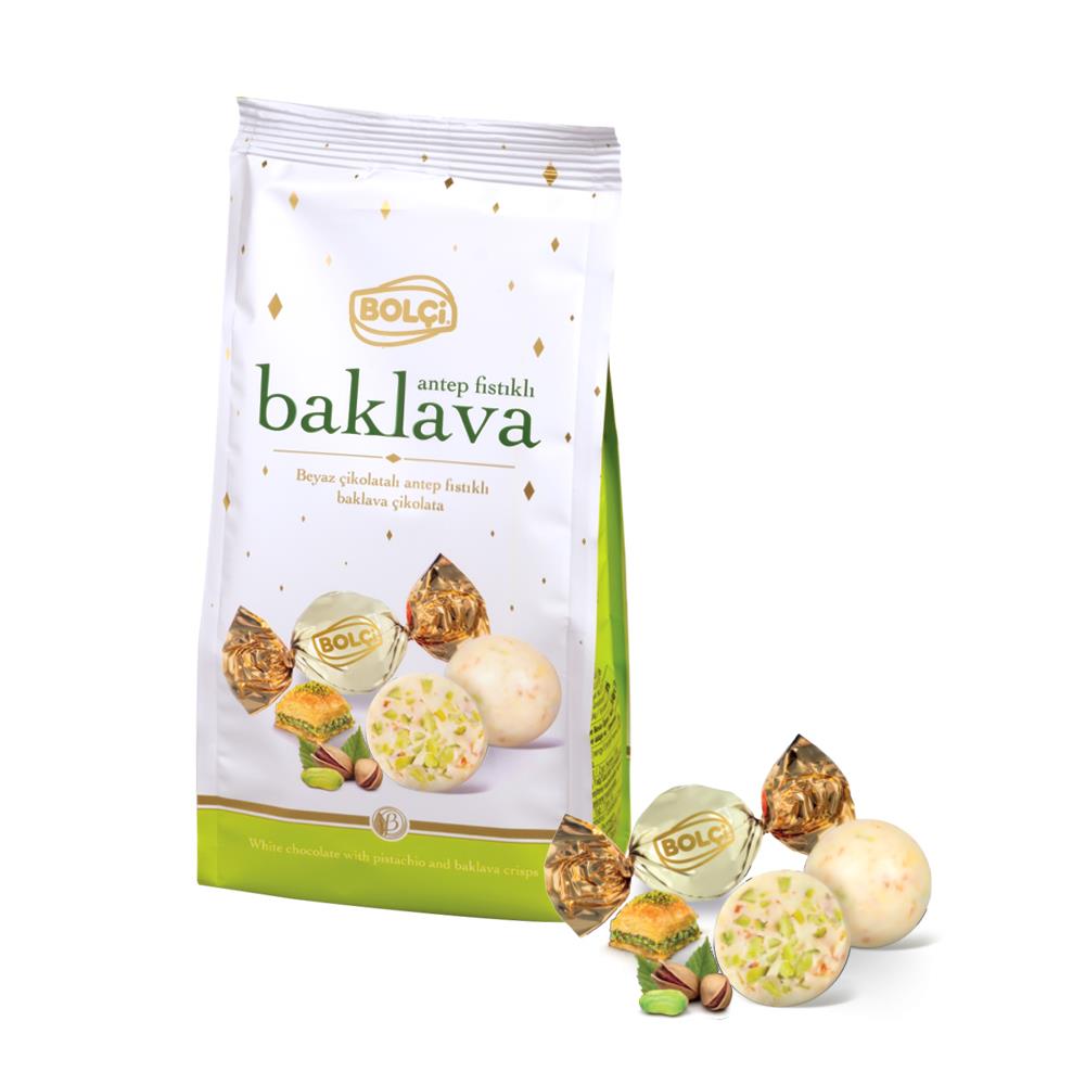 Atıştırmalık Çikolata-Antep Fıstıklı Baklava Parçacıklı Beyaz Top Çikolata 120g