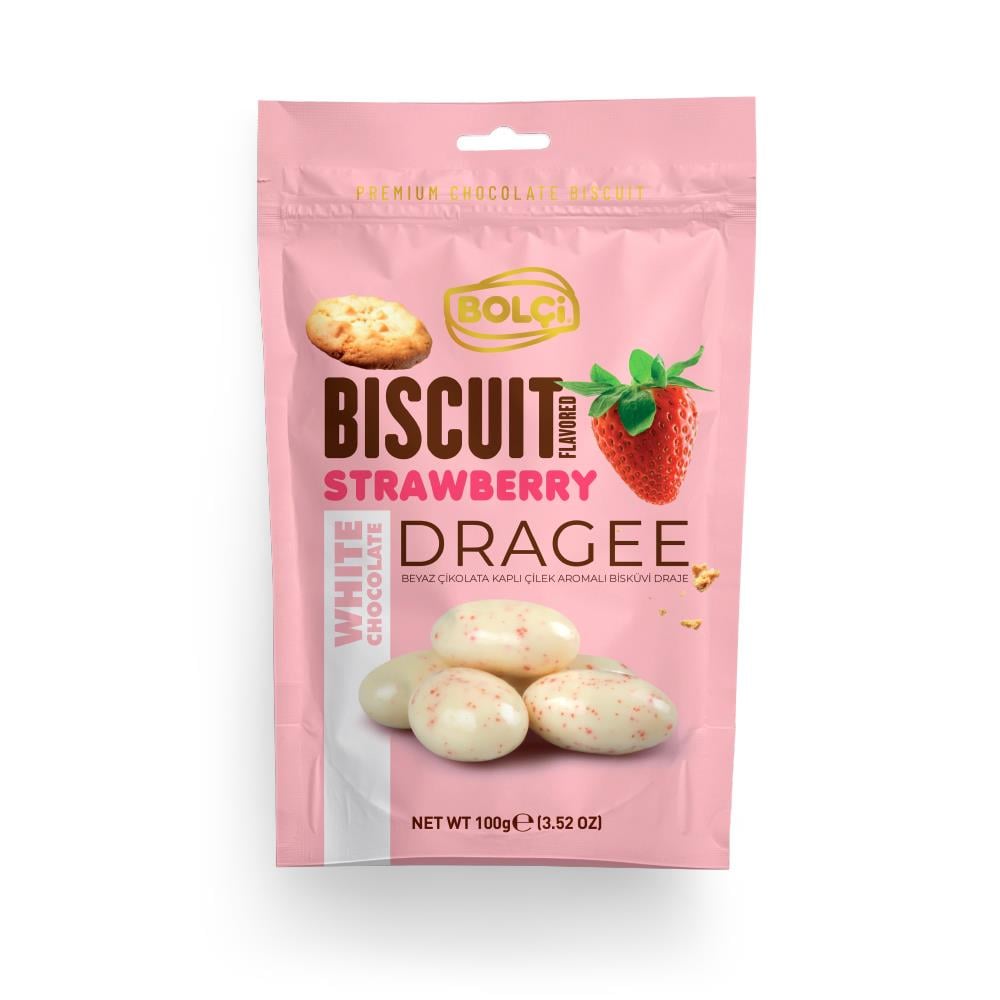 Çikolatalar-Beyaz Çikolata Kaplı Çilek Aromalı Bisküvi 100g