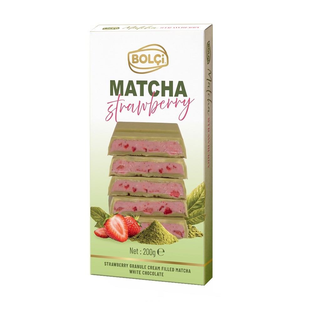 Atıştırmalık Çikolata-Çilek Granül Krema Dolgulu Matchalı Beyaz Çikolata 200g