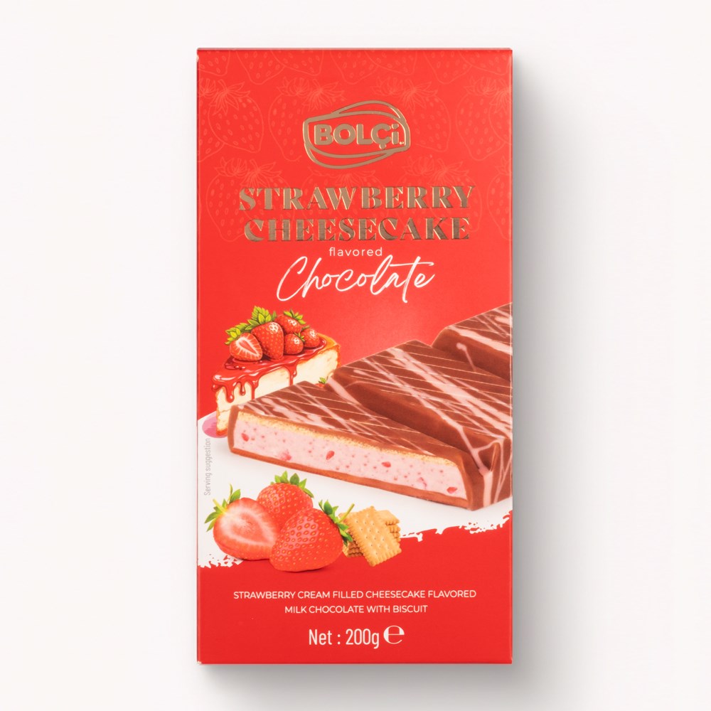Atıştırmalık Çikolata-Çilek Krema Dolgulu Cheesecake Aromalı Bisküvili Sütlü Çikolata 200g