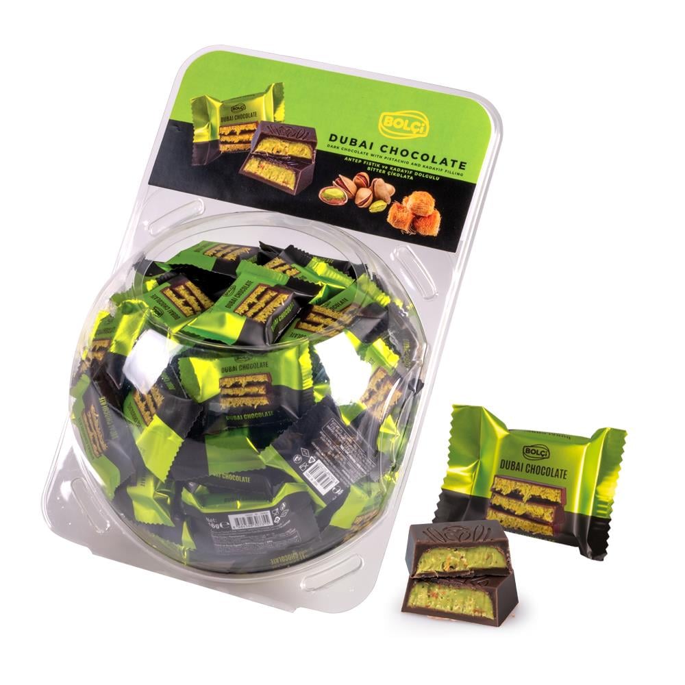 Atıştırmalık Çikolata-Dubai Çikolatası Fıstıklı Kadayıf Dolgulu Bitter Kare Flowpack Çikolata 16 Gr 10`lu