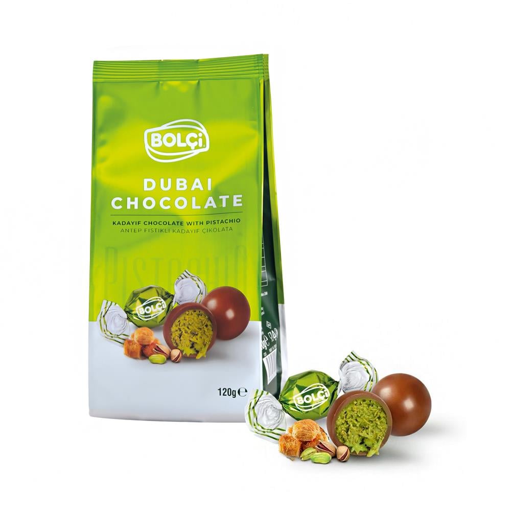 Atıştırmalık Çikolata-Dubai Çikolatası Fıstıklı Kadayıf Dolgulu Sütlü Top Çikolata 120 g