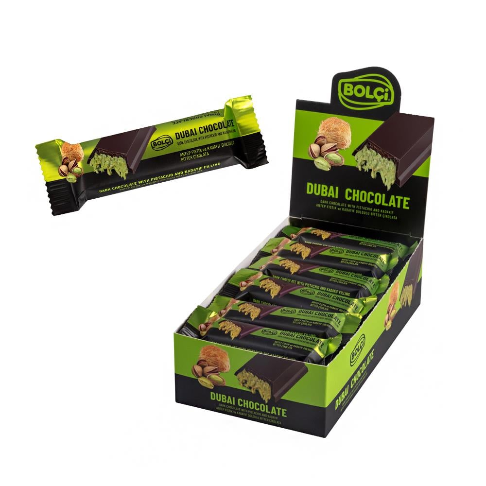 Atıştırmalık Çikolata-Dubai Çikolatası Fıstıklı Kadayıf Dolgulu Bitter Çikolata 30 Gr 5`li