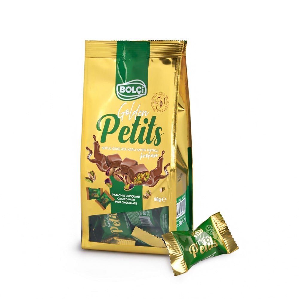 Bolu Çikolatası-Golden Petits Sütlü Çikolata Kaplı Antep Fıstıklı Krokan 96g